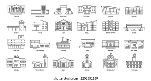 Line art government buildings. University exterior, city hospital and bank building. Town architecture office center of exterior architecture illustration