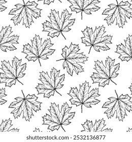 Padrão gráfico de arte de linha com folhas de bordo. Fundo preto e branco.