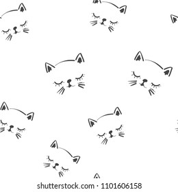 Line art graphic sleeping cat head seamless pattern, cute kitten fashion print, wrapping paper design