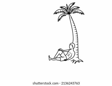 Line art graphic vector illustration of a relaxed man sitting under a palm tree or coconut tree.