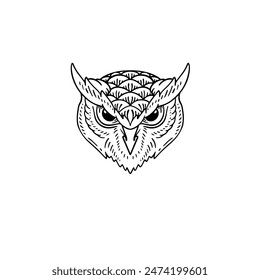 Line Art of Great Horned Owl close up