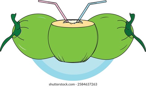 Line art green coconut with straw