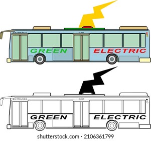 Line art of a green electric bus with electric bolt emiting from its roof top. Vector illustration.