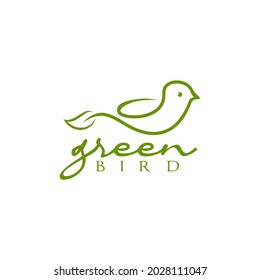 Line art green leaf little bird vector logo design