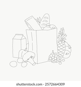 Line art of a grocery bag with bread, milk, and fruits. Includes pineapple, grapes, and broccoli. Simple, minimalistic food illustration. Simple black line art doodle vector.