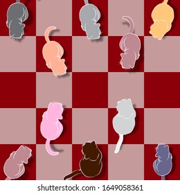 Line art, group of cats, play chess games, enjoy together