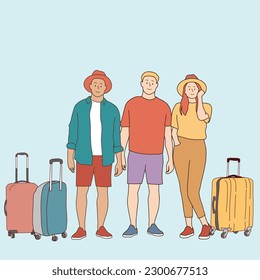 line art group of friends female traveler carrying a suitcase Tourists travel abroad. Relax. Travel is a concept. Hand drawn.
simple line cartoon