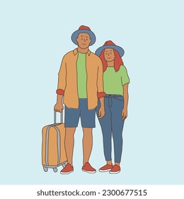 line art group of friends female traveler carrying a suitcase Tourists travel abroad. Relax. Travel is a concept. Hand drawn.
simple line cartoon
