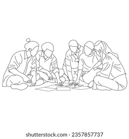 line art of a group of students together in a circle engaged in a lively discussion