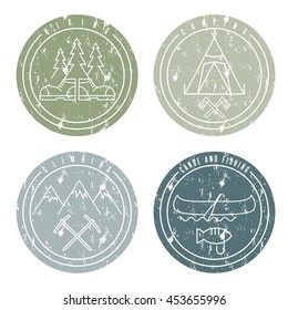 line art grunge labels with canoe,camping,climbing and hiking