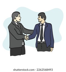 line art hakf length two businessmen making handshake illustration vector hand drawn isolated on white background