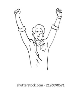 line art half length businessman keeping fists up and screaming with happiness illustration vector hand drawn isolated on white background