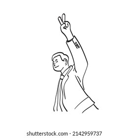 line art half length businessman showing victory sign over his head illustration vector hand drawn isolated white background