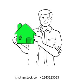 longitud media del arte de línea del hombre que sostiene la pequeña ilustración de la casa verde vectorial dibujada a mano aislada en fondo blanco