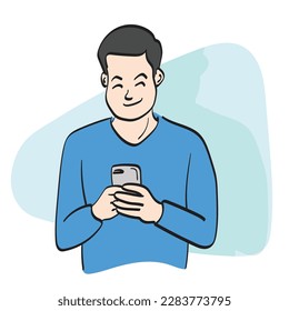 hombre de media longitud de línea de arte usando ilustración de smartphone dibujado a mano aislado en fondo blanco