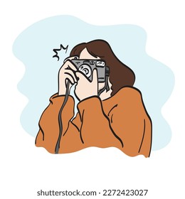 line art half length of woman taking compact camera illustration vector hand drawn isolated on white background