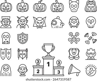 Line Art Halloween Icons Featuring Pumpkins, Monsters, and Awards for Spooky Season Celebrations