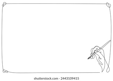 Line Art Hand with Brush Frame. Elegant Thin Continuous Line Drawn Art Border. Sketch Frame for Advertising Letter Blank, Web Banner, Poster Border. Doodle Continuous Editable Vector Line Silhouette. 