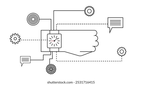 Line Art Mão de Empresário com Relógio Checando Tempo. Fazer negócios e manter a disciplina para cumprir prazos arte vetorial