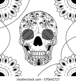 Line art hand drawing black skull isolated on white background. Doodle style. Tatoo. Zenart. Zentangle.Coloring for adults. Vector illustration.