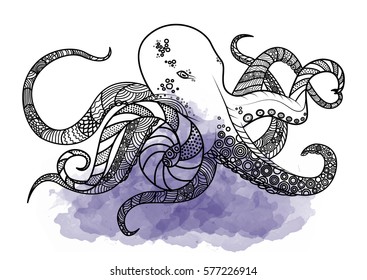 Line art hand drawing black octopus isolated on white background with violet watercolor blots. Doodle style. Tatoo. Zenart. Zentangle.Coloring for adults. Vector illustration.