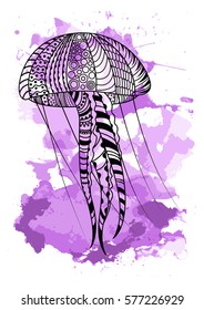 Line art hand drawing black jellyfish isolated on white background with violet watercolor blots. Doodle style. Tatoo. Zenart. Zentangle.Coloring for adults. Vector illustration.