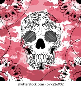 Line art hand drawing black skull isolated on white background with dark red watercolor blots. Doodle style. Tatoo. Zenart. Zentangle.Coloring for adults. Vector illustration.