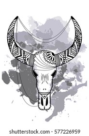 Line art hand drawing black bull skull isolated on white background with watercolor blots. Doodle style. Tatoo. Zenart. Zentangle.Coloring for adults. Vector illustration.