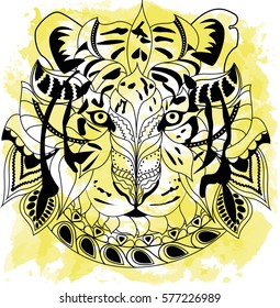 Line art hand drawing black tiger isolated on white background with yellow watercolor blots. Doodle style. Tatoo. Zenart. Zentangle.Coloring for adults. Vector illustration.