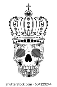 Line art hand drawing black skull with crown on had isolated on white background. Dudling style. Tatoo. Zenart. Coloring for adults.