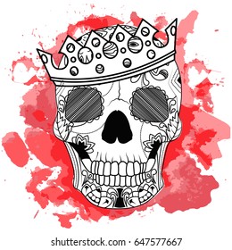 Line art hand drawing black skull with crown on had isolated on white background with red watercolor blots. Dudling style. Tatoo. Zenart. Coloring for adults. Vector illustration.