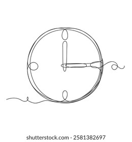 Line art hand drawing continuous line doodle clock illustration, three O'clock time isolated on white background