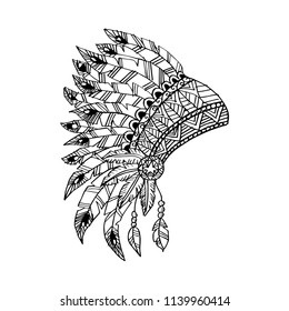 Line art hand drawing native american Indian chief headdress