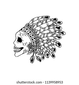 Line art hand drawing skull of Indian.	