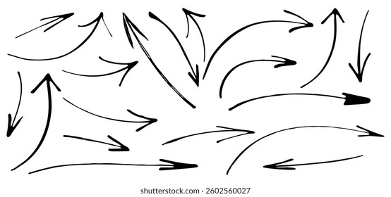 Line Art Hand Drawn Arrow Set. Arrow Brush Element Set. Linear Hand Drawn Vector Sketch Marker Arrow Collection. Pen Stroke Graphic Icons Illustration Set. Not AI