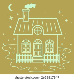 line art hand drawn Cozy log cabin with smoke rising from chimney, 
