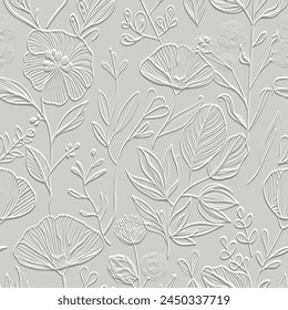 Line art hand drawn doodle flowers leaves emboss textured surface white 3d seamless pattern. Embossed relief vector floral background. Beautiful repeat botanical grunge backdrop. Endless texture.