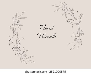 Molduras florais desenhadas à mão com flores, galho e pássaros. Modelo de logotipo elegante. Decoração para cartão, convite de casamento, salvar a data.