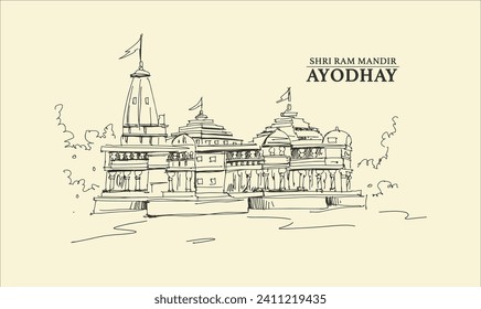 Line art hand drawn illustration of religious background of Ram Temple in Ayodhya birth place Lord Rama.