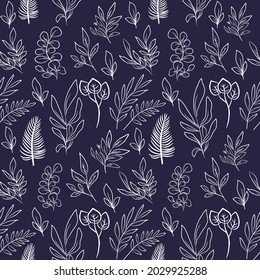 Line art hand drawn leaves seamless pattern for wedding invitation or card