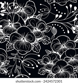 Line art hand drawn pansy flowers beautiful black and white seamless pattern. Doodle lines floral monochrome vector background. Ornate fabric pattern design. Repeat decorative blossom flowers ornament