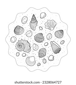 Línea de arte dibujada a mano de conchas objetos de doodle de dibujos animados, composición redonda.