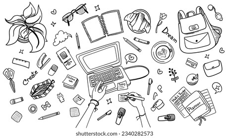 Line art hand drawn set. Doodle collection with supplies, pencil, laptop, notes for design. Graphic elements for banner, template, print or pattern. Vector cartoon illustration