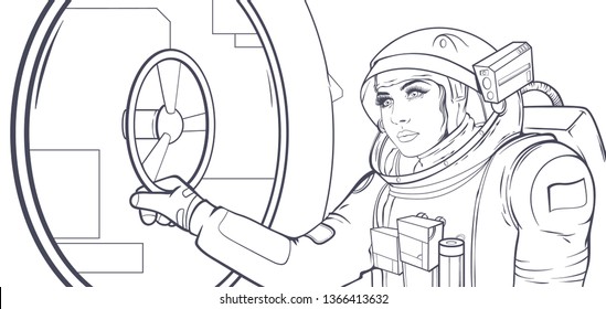 Line art hand drawn sketch illustration with beautiful woman, spaceman, open the door of space ship, vector illustration for some coloring book