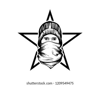 Line Art Hand Drawn Vector a Man Use the Mask and Thief Hat ans Stars Sign Symbol Icon Logo Template Design Inspiration