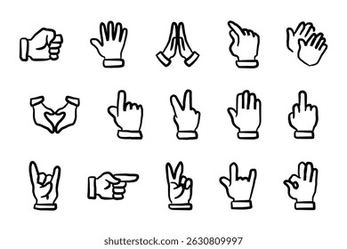 Line art of hand gestures, including a finger.