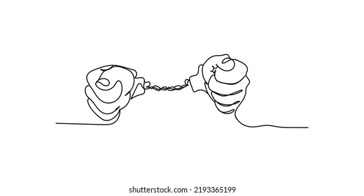 line art of hand in handcuffs.single line drawing of criminal's hand in handcuffs.minimalist line vector illustration.isolated white background