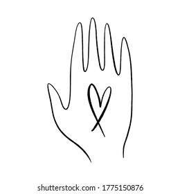 Line art hand with heart line icon logo. Self love and care concept. Continuous line drawing, fashion, beauty care minimalist vector illustration. Perfect for t-shirt print.