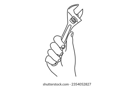 line art of hand holding adjustable wrench spanner