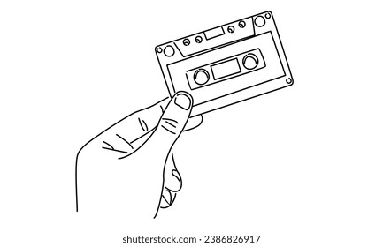 line art of hand holding cassette tape ribbon